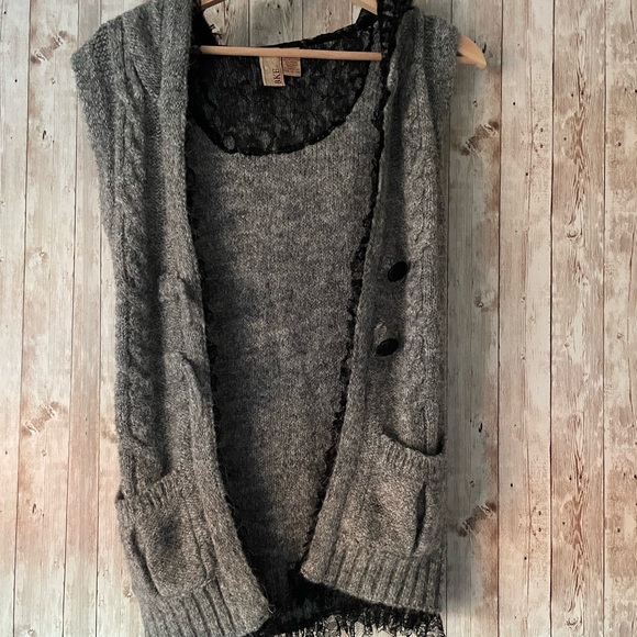 EUC BKE Gray Mohair Blended, Hooded, Trim And Black Guipure, 2 Pockets , Small - Picture 1 of 11